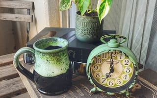 aqua alarm clock, light blue and black pottery mug and small plant sitting on table on balcony