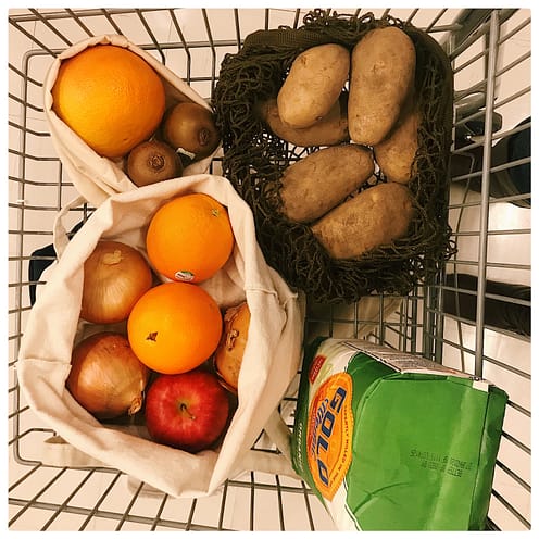 produce in cloth bags in shopping cart 